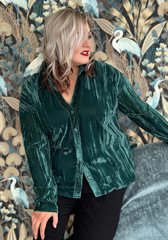 Etty Teal Velvet Plisse Shirt - Image 3
