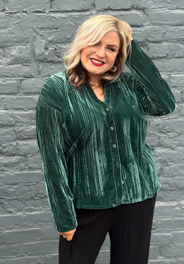 Etty Teal Velvet Plisse Shirt - Image 8