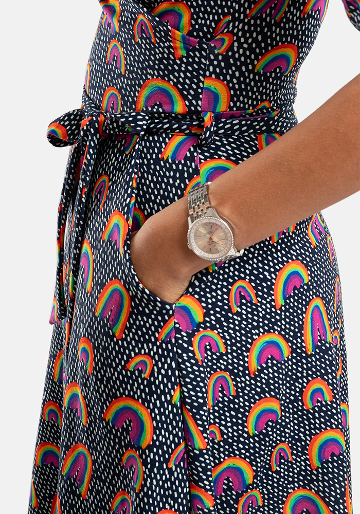 Maeve Navy Rainbow Print Cotton Midi Dress - Image 3