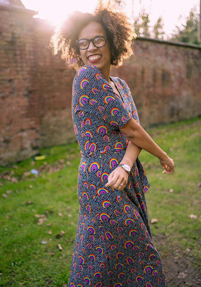 Maeve Navy Rainbow Print Cotton Midi Dress - Image 4