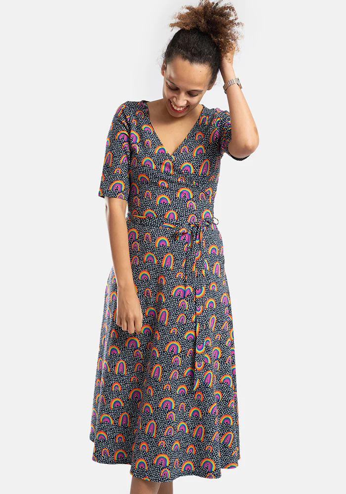 Maeve Navy Rainbow Print Cotton Midi Dress - Image 7