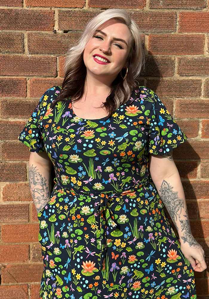 Padme Pond Life Print Cotton Midi Dress - Image 9