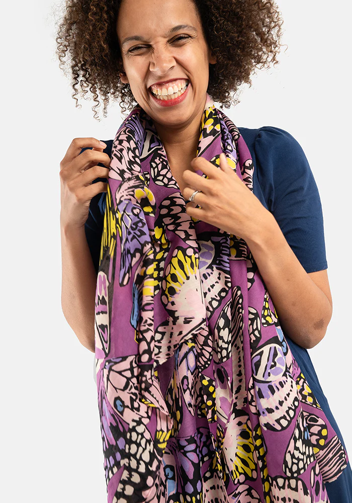 Colourful Women's Lightweight Printed Scarf (Purple Butterfly Print) - Image 5