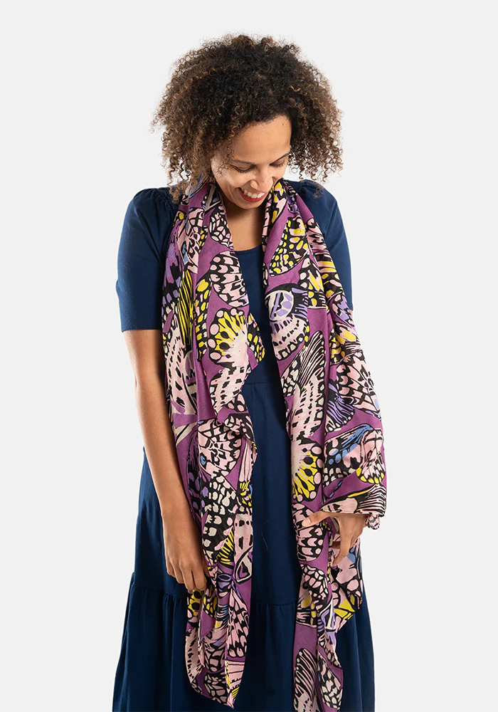 Colourful Women's Lightweight Printed Scarf (Purple Butterfly Print) - Image 6
