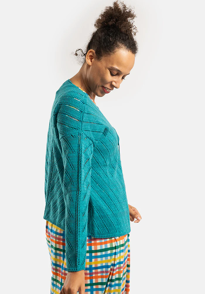 Teal Diagonal Pointelle Cardigan - Image 3